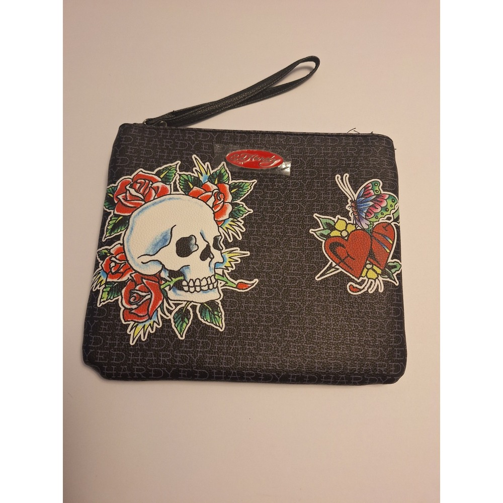 Ed‎ Hardy Wristlet Clutch Bag Black Skull Roses Heart Tattoo Print Faux Leather
